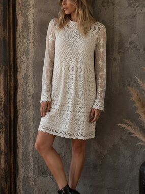 Umgee Ivory Lace‎ Crochet Mesh Long Sleeve Boho Dress Coverup Small Medium
